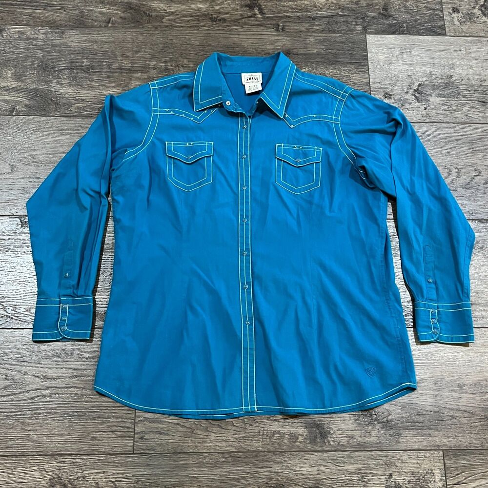 Vintage Y2K Ariat Western Pearl Snap Shirt Teal Rhinestone Rodeo Women’s XL